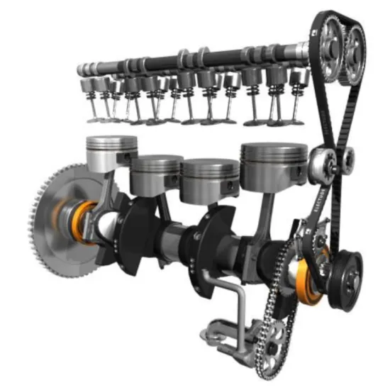 Cutaway 3D illustration of a four-cylinder engine with valvetrain, pistons, and crankshaft.